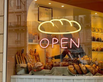 Enseigne au néon ouverte Bakery - Éclairage LED de boulangerie pour vitrine, enseigne de boulangerie personnalisée pour café, devanture de pâtisserie, décoration de boulangerie