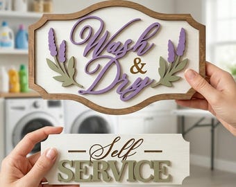 Houten bord wasruimte, wassen en drogen lavendel muurdecoratie, zelfbedieningsbord, boerderij wasdecor, 3D gelaagd houten bord, gelaagde lade