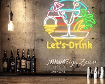 Tropical Cocktail Neon Sign，Custom Let’s Drink Bar LED Light for Lounge Party Beach Decor Palm Tree Sunset Wall Art