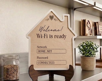 Op maat gemaakt houten wifi-bord | Huisvormig gepersonaliseerd wifi-wachtwoordbord | Airbnb welkomstdecoratie | Houten bord op tafelblad | Warm cadeau voor nieuw huis