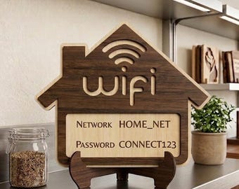 Minimalistisch aangepast wifi-bord met standaard, gegraveerde houten wachtwoordweergave, uniek nieuw huiscadeau voor techliefhebbers, modern decor
