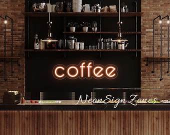 May include: A coffee shop interior with a neon sign that says "coffee" in orange. The shop has wooden shelves with coffee-making supplies and brick walls. The sign is above a counter with the text "Neon Sign Zones".
