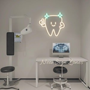 Cute Tooth Neon Sign with Smiley Face and Thumbs Up for Dentist Office Decor, Pediatric Dental Clinic Wall Light, Dental Hygienist Gift Idea