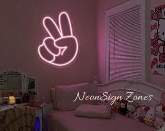 Peace Hand Neon Sign – LED Victory Gesture Wall Light,  Hand Symbol Decor for Game Room, Bedroom, or Studio Vibes，Custom Hand Neon Sign
