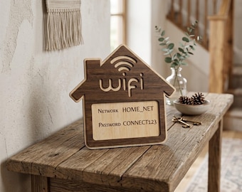 Gepersonaliseerde houten wifi-wachtwoordbord, aangepast netwerk en standaard, rustiek housewarmingcadeau voor nieuw interieur, wifi-display gastenkamer