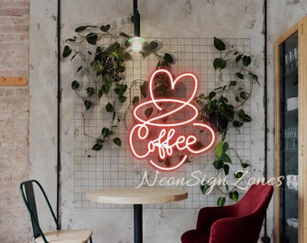Enseigne néon café personnalisée - Applique murale LED en forme de coeur pour café, cuisine, décoration de bar-café, cadeau pour les amateurs de café, enseigne néon café personnalisée