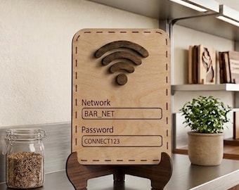 Op maat gemaakt houten wifi-bord | Verticaal gepersonaliseerd wifi-wachtwoordbord | Airbnb-gastdecoratie | Houten bord op tafelblad | Retro gestikte randdecoratie
