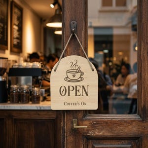 Coffee Shop Open Closed Sign Wood Laser Engraved — Rustic Cafe Door Sign, Double Sided Hanger, Farmhouse Decor, Coffee Bar Gift
