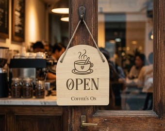Coffeeshop open gesloten bord hout lasergegraveerd — rustiek cafédeurbord, dubbelzijdig hanger, boerderijdecor, koffiebar cadeau
