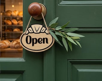 3D-bakkerij open gesloten bord, dubbelzijdig houten cafédeurbord, hangend bordje patisserie, croissantdecor voor kleine bedrijven