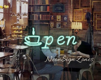 Coffee Cup Open Neon Sign – LED Lighted Open Sign for Café, Bakery, Espresso Shop, Barista Decor, Business Window Display