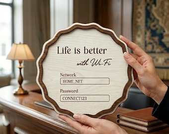 Op maat gemaakt rond houten wifi-bord | Gepersonaliseerd wifi-wachtwoordbord | Lasergegraveerd | Airbnb-café woondecoratie | Housewarmingcadeau Het leven is beter