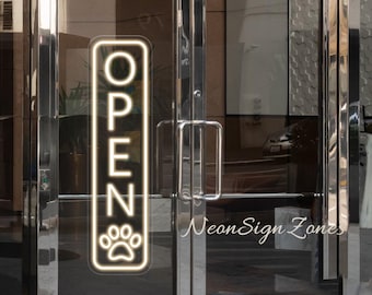 Aangepaste neonreclame pootafdruk open, gepersonaliseerde dierenverzorging, etalage hond en kat