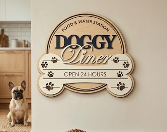 Doggy Diner houten bord, gepersonaliseerd decor hondenvoerstation, aangepaste voerbakken muurkunst, hondenliefhebber cadeau, huisdierhoekdecor, 24 uur geopend