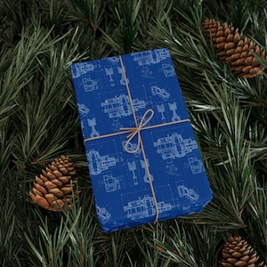 Papel de regalo - Estilo plano - Motor de coche y pistones, ideal para entusiastas de los coches, mecánicos, ingenieros, cumpleaños y eventos especiales.