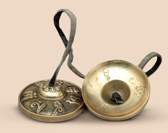 Tibetan Mantra Carving Tingsha from Nepal | Meditation, Yoga & Energy Cleansing Cymbals