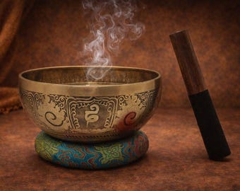 Handcrafted Tibetan Singing Bowl with Yogi Carving | Sacred Mantra Sound Healing & Meditation Bowl