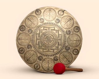 Handmade Tibetan Wind Gong from Nepal - Sri Yantra & Chakra Laser Engraved Sound Healing Gong