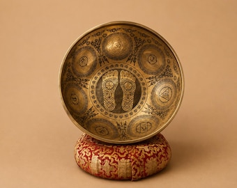 Tibetan Singing Bowl, Extra Large Buddha Feet Carving, Meditation, Sound Healing, Yoga Decor