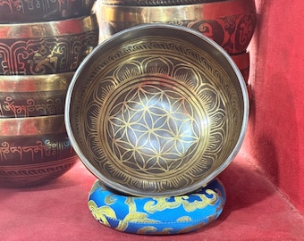 Flower of Life & Mantra Carved Handcrafted Tibetan Singing Bowl  – Meditation Sound Healing Bowl