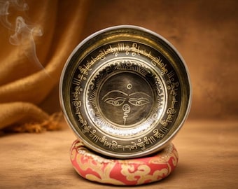 Buddha Eye Tibetan Singing Bowl with Sacred Mantra | Hand-Carved Nepal Meditation Chakra Healing Bowl