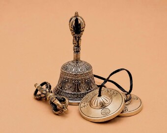 Handmade Tibetan Meditation Bell & Tingsha Cymbals Set, Buddhist Ritual Dorje Vajra Tool