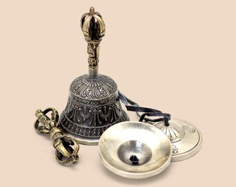 Handgefertigte tibetische Meditationsglocke & Tingsha Zimbeln Set, buddhistisches Ritual Dorje Vajra Werkzeug