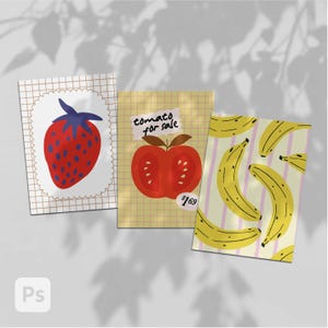 May include: Three illustrated cards featuring fruit designs. One card displays a red strawberry with blue seeds and a blue stem. Another shows a tomato with the text "tomato for sale" and a price tag. The third card has yellow bananas.