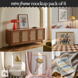 May include: A retro frame mockup pack of 6. The image presents several framed artworks, including floral designs, a pear, and a bird illustration. The frames are shown in diverse settings, like a living room and a bathroom.
