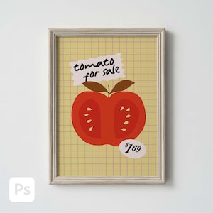 May include: Framed art print featuring a stylized red tomato cut in half, with brown leaves and the text "tomato for sale." The background is a yellow grid pattern. A price tag shows $1.69.
