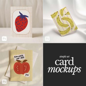 May include: A set of card mockups featuring fruit illustrations. One card displays a red strawberry, another shows bananas, and a third features a tomato with the text "tomato for sale". The cards have a grid pattern background.