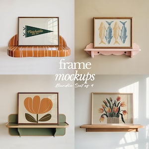 May include: Four different picture frames with various images inside. The frames are all different colors and styles. The images include a flower, a fish, a tulip bouquet, and a pennant with the text "Nashville Music City".