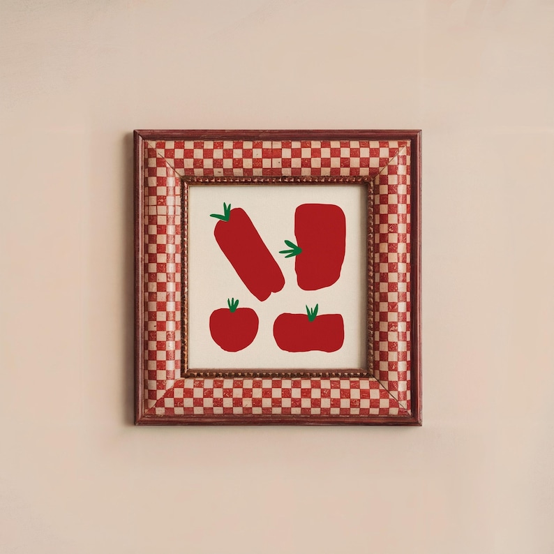 May include: A framed print with a red and white checkered border. The print features a simple illustration of four red tomatoes.