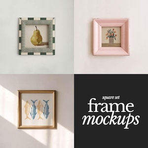 Puede incluir: Tres marcos de fotos cuadrados con marcos y obras de arte de diferentes colores. Los marcos están en una pared blanca. El texto "square set frame mockups" está en blanco sobre fondo negro.