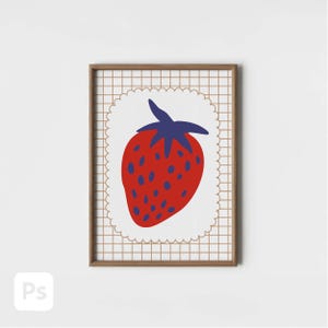 May include: A framed art print featuring a stylized red strawberry with blue seeds and a dark blue stem. The strawberry is set against a white, scalloped background with a grid pattern, all within a wooden frame.