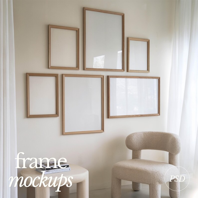 May include: A set of six wooden picture frames in various sizes, arranged on a white wall. The frames are all empty and have a natural wood finish. The frames are arranged in a staggered pattern, with the largest frame at the top and the smallest frame at the bottom. The frames are all hanging on the wall with a white background.