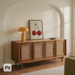 Puede incluir: Un aparador de madera de estilo moderno de mediados de siglo con cuatro puertas, cada una con un panel de mimbre tejido. Una impresión enmarcada de dos cerezas rojas cuelga sobre el aparador. Una lámpara amarilla y un cuenco pequeño también son visibles.