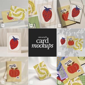 May include: A collection of retro-style card mockups featuring fruit illustrations. The cards showcase designs with bananas, strawberries, and tomatoes. The text "tomato for sale" and price tags are visible on some cards. The phrase "retro set of 8 card mockups" is also displayed.