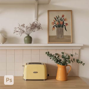 May include: A kitchen scene featuring a yellow toaster, an orange pitcher with greenery, and a framed artwork of tulips. A green vase with dried flowers and a decorative object sit on a shelf above the countertop. The scene has a warm, inviting aesthetic.