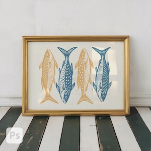 May include: A framed print featuring four stylized fish in shades of gold and blue. The fish are arranged in a row against a cream-colored background. The frame is gold and the print is displayed on a striped surface.