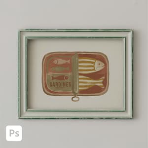 May include: A framed art print depicting a stylized sardine can illustration. The can, in shades of brown and beige, is open, showing fish. The word "SARDINES" is printed on the can. The frame is a distressed green.