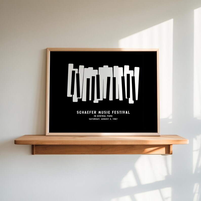 May include: Black and white poster with a graphic of a piano keyboard and the text "Schaeffer Music Festival in Central Park Saturday, August 3, 1967".