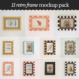 May include: Eleven retro picture frames in various colours and patterns, including yellow, orange, black, white, blue, green, and red. The frames are arranged in a grid pattern on a white background. Each frame contains a different image, including a cat, flowers, birds, and fish.