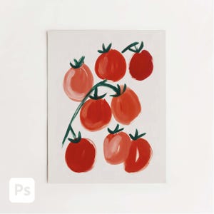May include: A painting of a cluster of red tomatoes on a green vine against a white background. The tomatoes are painted in a loose, expressive style, with varying shades of red and pink. The green vine adds a contrasting element.