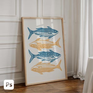 May include: A framed art print featuring four stylized fish in shades of blue and yellow on a white background. The fish are arranged vertically, with a light wood frame. The artwork has a linocut or woodcut style.