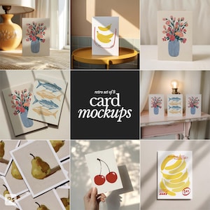 May include: A collection of eight retro card mockups. The cards feature various illustrations, including flowers in a blue vase, bananas, fish, pears, and cherries. The cards are displayed in different settings, showcasing their design and potential uses.