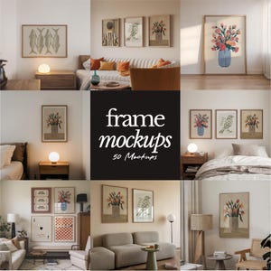 May include: A collection of 50 frame mockups featuring various styles and sizes of frames, showcasing different artwork and photography. The mockups are displayed in a variety of interior settings, including living rooms, bedrooms, and offices.