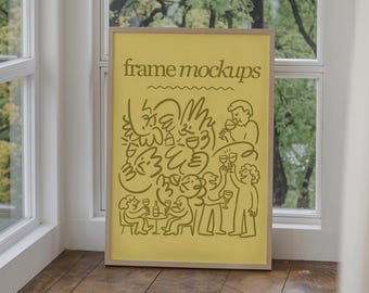 Puede incluir: Un póster rectangular de color amarillo claro en un marco fino de madera clara con el texto en verde oliva oscuro frame mockups y una ilustración de líneas de varias personas socializando y bebiendo vino en un entorno informal.