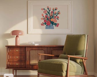 May include: A living room scene featuring a framed floral print with pink and red flowers, a mid-century modern wooden cabinet, a green armchair, and a pink mushroom-shaped lamp. The room has a warm, inviting atmosphere.