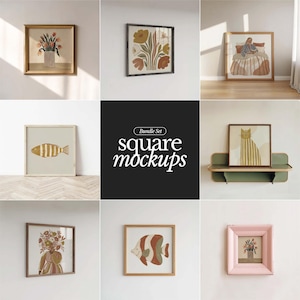 Fyrkantig mockup-paket, fyrkantig konstmockup, rammockup-paket, ram på hylla, realistisk mockup minimalistisk guldram, ljus träram 1x1